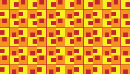 Bold geometric seamless pattern with retro square shapes in vibrant red, orange, and yellow tones, arranged in a modular tile layout