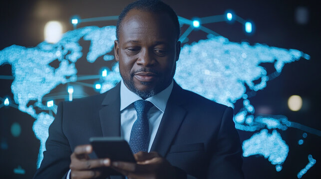 A businessman in a suit making a video call on his smartphone, with a digital world map and cloud services icons in the background, representing the global reach of telecommunication.