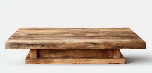 Rustic wooden coffee table with a thick, rectangular top and a raised, blocky base