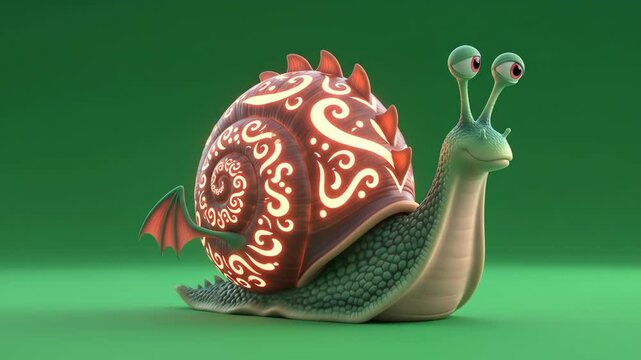 chroma key green background of a cute fantasy snail with glowing, patterned shell and small wings.