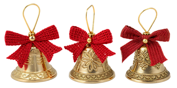3 decorative gold bells with red knitted bow, isolated PNG transparent background - Powered by Adobe