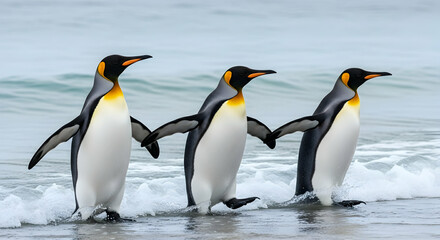 Fototapeta premium King Penguins' Coastal Stroll: A Serene Wildlife Scene