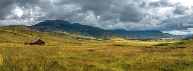 Panoramic view of a rustic cabin nestled in a vast, golden meadow, with a dramatic, cloudy sky and distant mountain range as a backdrop