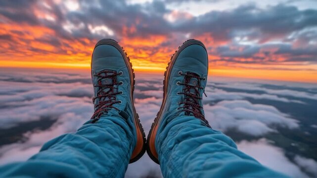 Hiking boots dangle above clouds at sunrise
