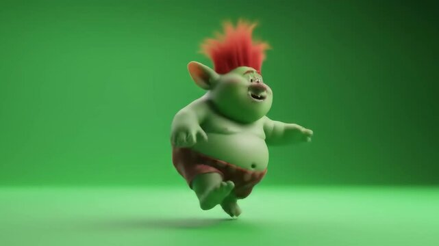 chroma key green background of a small cute cartoon green troll jumping happily.