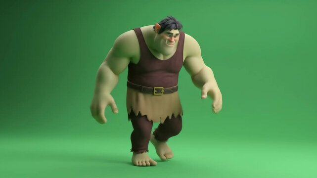 chroma key green background of a large green cartoon ogre or giant walking with a wooden club.
