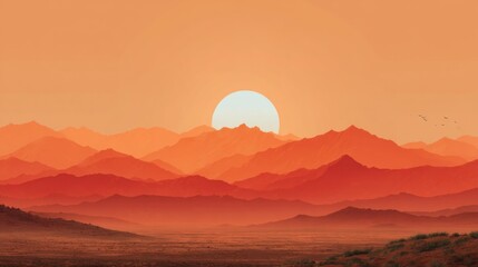 Obraz premium Red And Orange Sunset Over Pixel Art Mountain Range