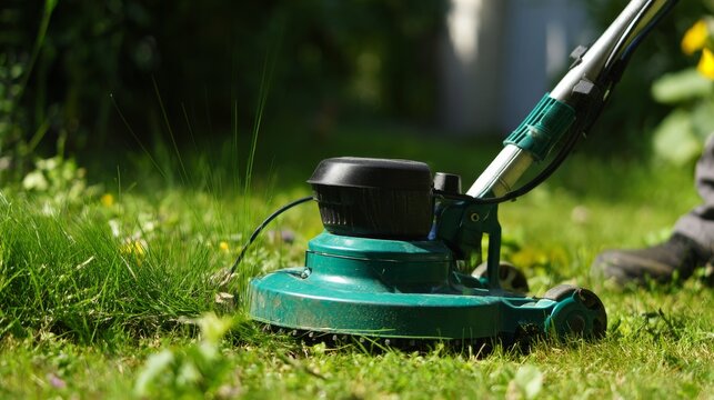 Close-up of electric weed wacker trimming grass near home garden with man in side view working in spring backyard, showing motion, detail, and green lawn during seasonal yard maintenance - Powered by Adobe