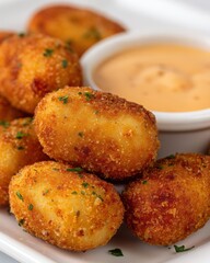 Crispy golden-brown potato croquettes served with a creamy dipping sauce on a white plate