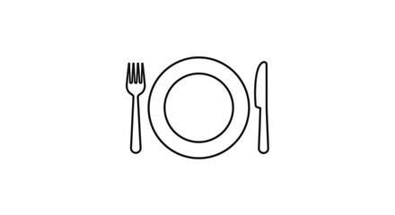 A plate with fork and knife line art illustration isolated on white background