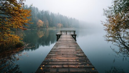 Serene autumn lake scene, misty morning, wooden dock extending to still water, reflecting trees