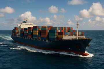 Container Ship Sailing Across the Open Sea Under a Clear Sky