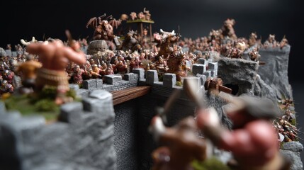 Epic fantasy siege battle with crumbling city walls and armies clashing