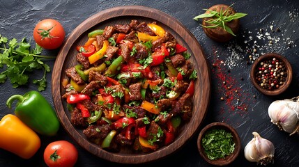Delicious beef and pepper stir fry served on a wooden platter with fresh ingredients