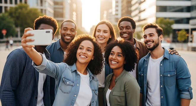 Diverse Group Capturing City Memories with a Smartphone Selfie Friendship, Technology and Urban Living