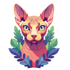 Stylized Sphynx cat illustration with colorful foliage background. Sphynx cat portrait in vibrant colors surrounded by green leaves.