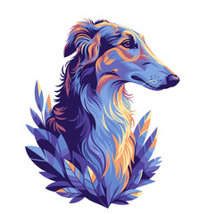 Stylized Russian Borzoi dog portrait surrounded by colorful leaves. This elegant canine profile is framed by vibrant blue and orange leaves, creating a cheerful and artistic design.