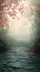 Tranquil Stone Path with Pink Leaves Leading Through a Misty Enchanted Forest