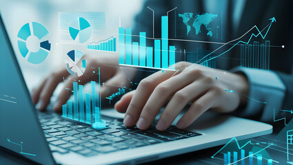 Person typing on laptop with data charts overlaid on screen