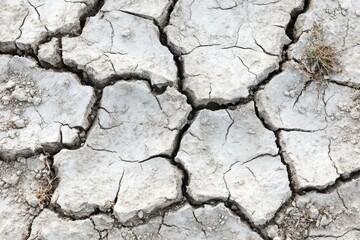 Dry, cracked earth surface showcasing drought conditions with sparse vegetation, symbolizing climate change