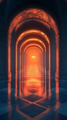 Endless Archway Corridor with Warm Orange Glow and Reflective Blue Floor Symmetrical Architectural View