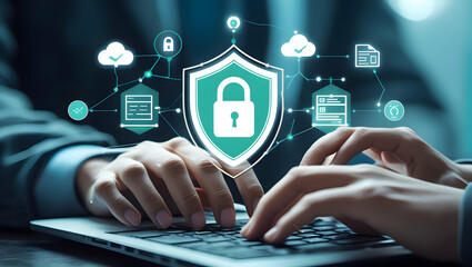 Hands typing on laptop with security shield overlayed