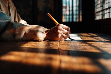 Obraz premium Elderly individual writing on a wooden table in a sunlit room with intricate shadows