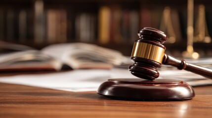 Wooden gavel on courtroom table with law books, symbolizing justice, trial and legal system