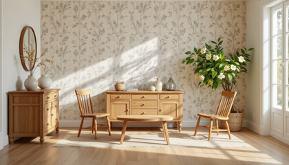 Light wooden furniture with chairs and table in bright room with floral wallpaper and plant