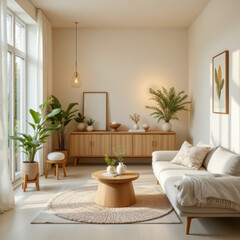 Modern living room with wooden furniture and green plants in natural light