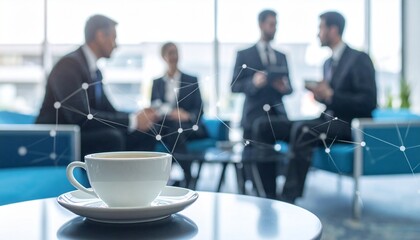 professionals network in modern lounge area with coffee cup in foreground