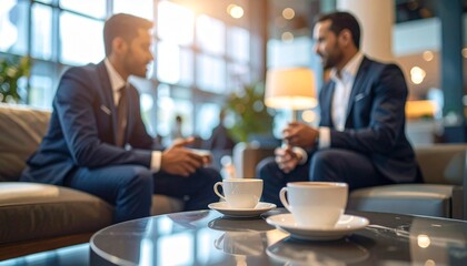 professionals network in modern lounge area with coffee cup in foreground