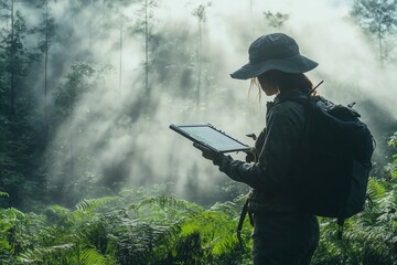 Woman Hiker Using Tablet in Foggy Forest