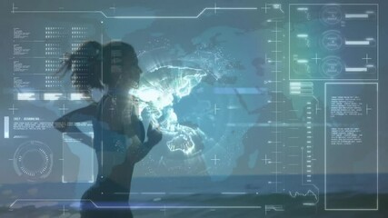 female runner jogging beach powering holographic globe animating fitness charts syncing with pace - Powered by Adobe