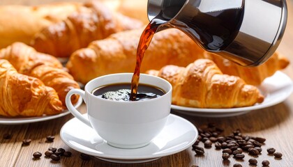 Close up of coffee pouring from beautiful carafe into white cup on table with blurred background of French breads and croissants.