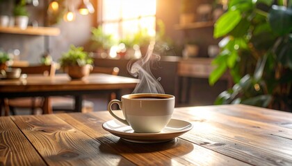Steaming coffee cup on wooden table in cozy cafe