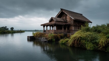 Obraz premium Ancient mauryan wooden palace by the riverside under overcast skies