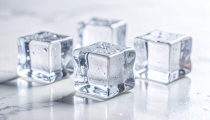 Macro ice cubes on clean marble with soft reflection. Fresh and premium &mdash; ideal for beverage or summer branding.