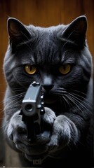 Angry Black Cat Holding Pistol in Humorous Meme Illustration