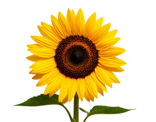 Fototapeta premium Single Realistic Sunflower with Stem and Leaves Front Facing View isolated on transparent background PNG