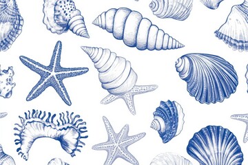 Seashells and Starfish Illustration: An elegant blue-and-white illustration showcases a captivating array of seashells and starfish, creating a tranquil coastal aesthetic. 