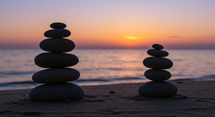 Balanced stones sunset beach scene