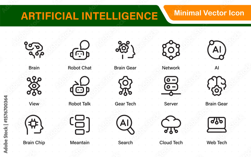 Poster ai tech and artificial intelligence icon set vector collection. ai essentials line icon collection, 