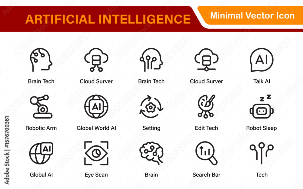 Poster ai tech and artificial intelligence icon set vector collection. ai essentials line icon collection, 