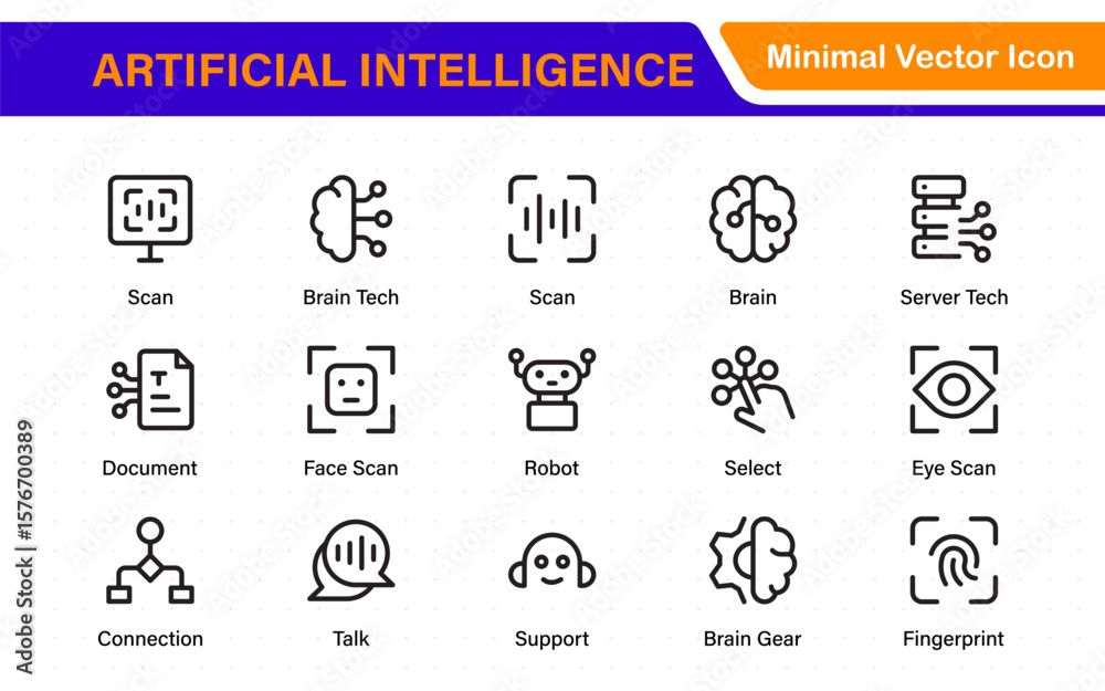 Poster ai tech and artificial intelligence icon set vector collection. ai essentials line icon collection, 
