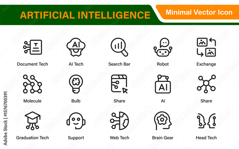 Poster ai tech and artificial intelligence icon set vector collection. ai essentials line icon collection, 