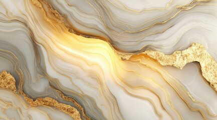 Abstract swirling marble texture with gold accents, exhibiting a blend of light and dark grey hues and luminous yellow undertones