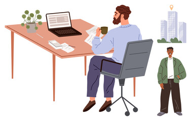 Man seated at desk with coffee, laptop, and papers, while another person stands in casual attire near tall buildings. Ideal for work, urban lifestyle, multitasking, communication, freelance
