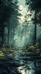 Fototapeta premium Mystical Forest Path with Bright Sunbeams Filtering Through Dense Trees and Morning Mist a Serene Natural Landscape