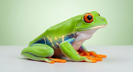 Obraz premium Bright Green Tree Frog with Orange Eyes Posing on Light Green Background